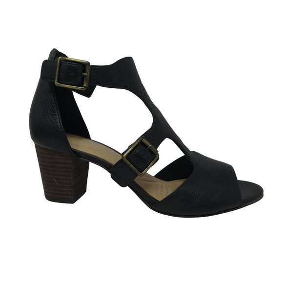 Clarks Deloria Kay Black Leather Open Toe Ankle Strap Heeled Sandals - Picture 2 of 13